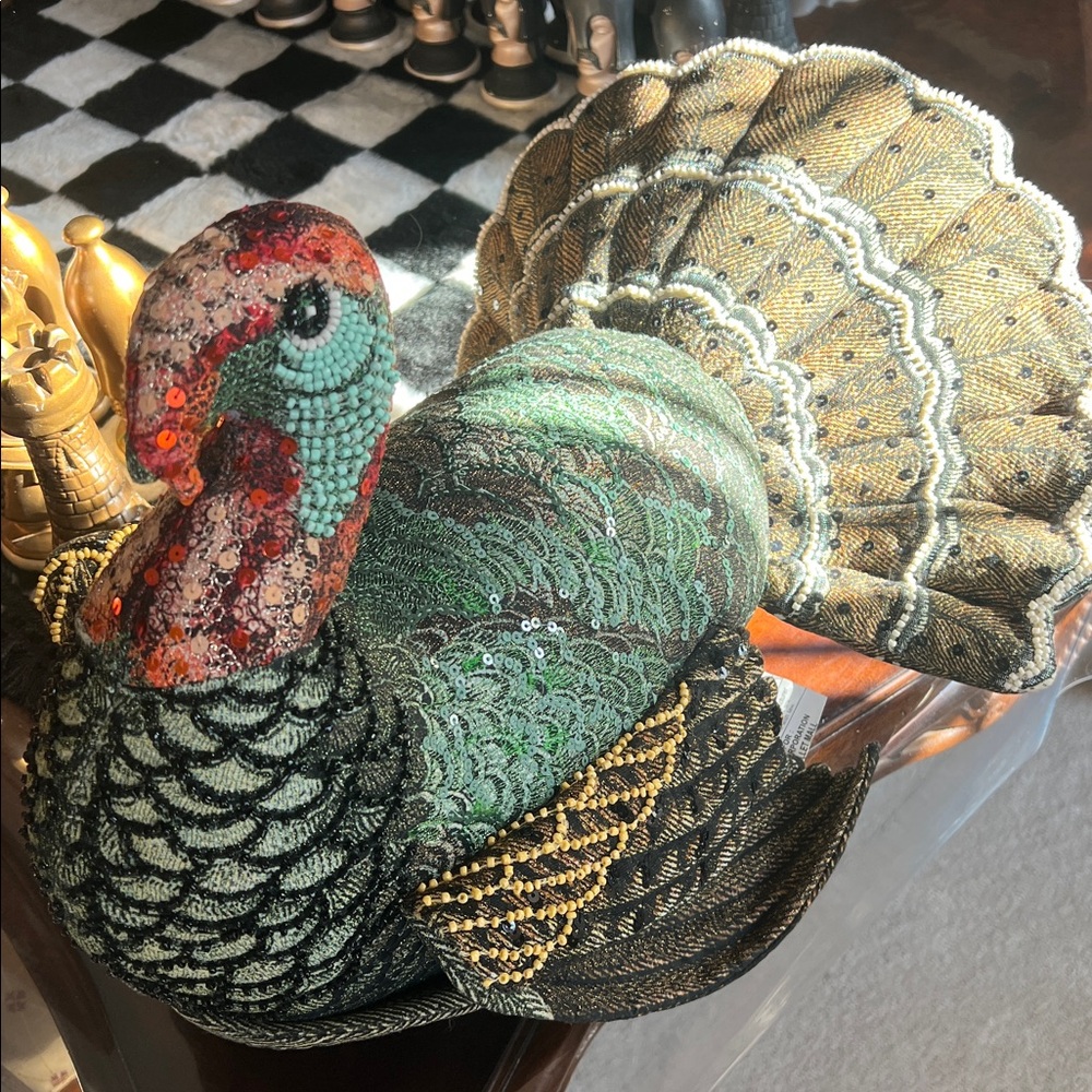John Derian Green and Red Beaded Sequined Turkey Decor.